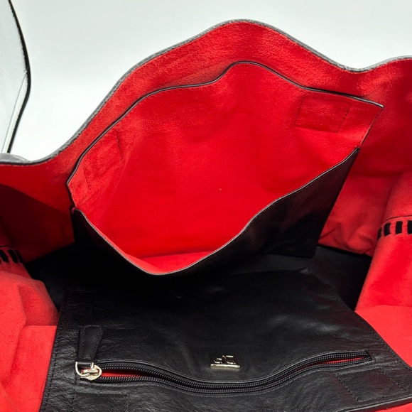 NEW~Diane Von Furstenberg Black Leather Tote/ Purse~Suede SideFringe~Red Lining - Picture 15 of 16